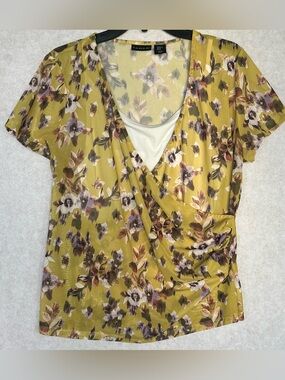 Tahari Women’s Shirt Size XL Floral Wrap-Style Short Sleeve Blouse